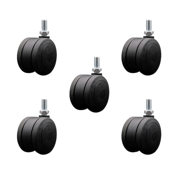 3'' Black Heavy Duty Floor Safe Twin Wheel Caster 1/2'' Threaded Stem, 5PK